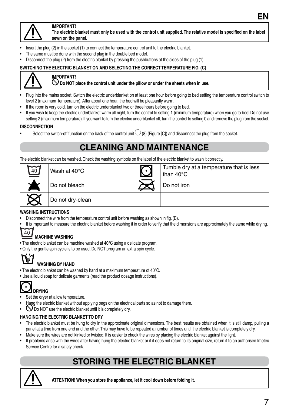 It 7, Cleaning and maintenance, Storing the electric blanket | Imetec RELAXY SINGLE User Manual | Page 9 / 56
