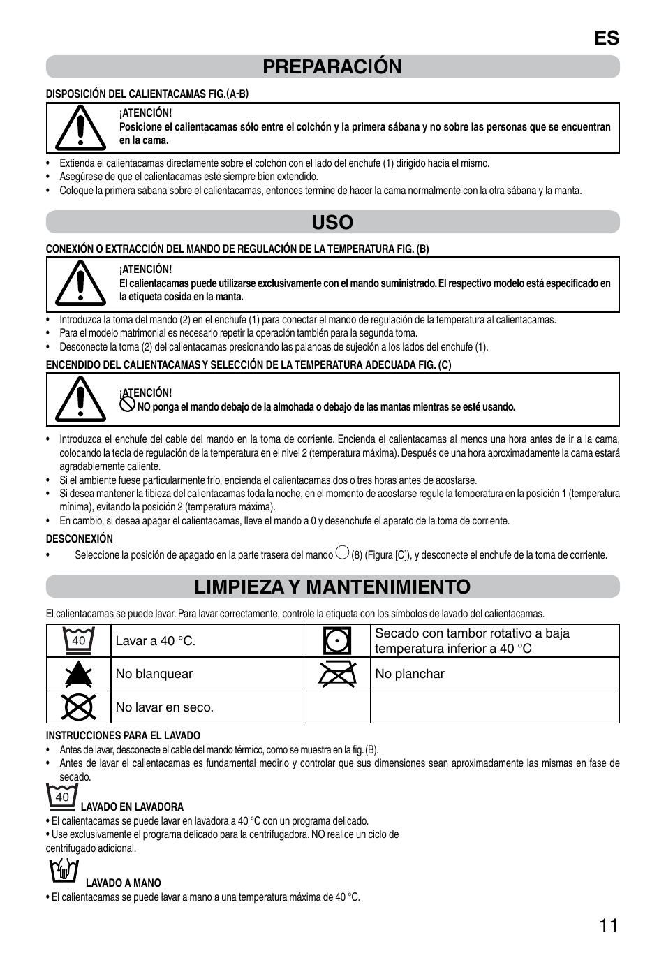 It 11 preparación, Limpieza y mantenimiento | Imetec RELAXY QUILTED DOUBLE DUAL User Manual | Page 13 / 56