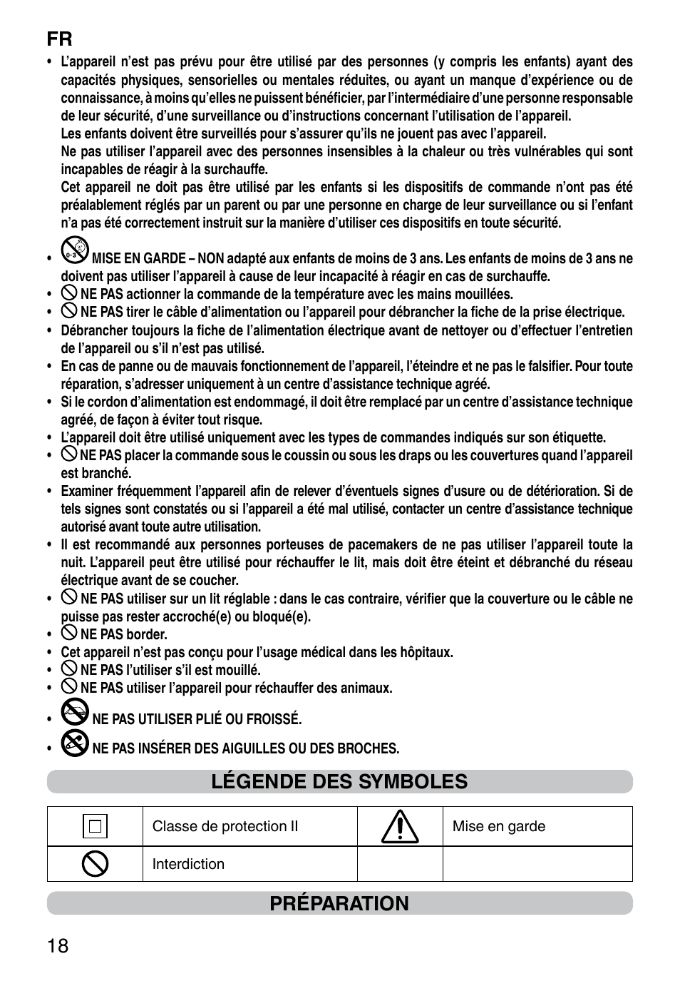 It 18, Légende des symboles, Préparation fr | Imetec RELAXY QUILTED DOUBLE DUAL User Manual | Page 20 / 56
