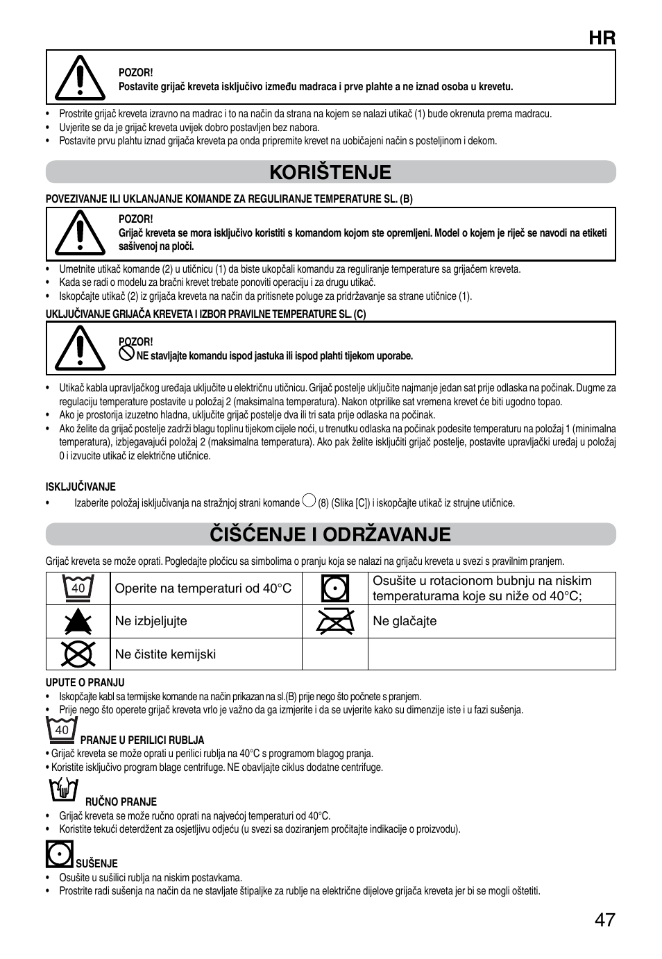 It 47, Korištenje, Čišćenje i održavanje | Imetec RELAXY QUILTED DOUBLE DUAL User Manual | Page 49 / 56