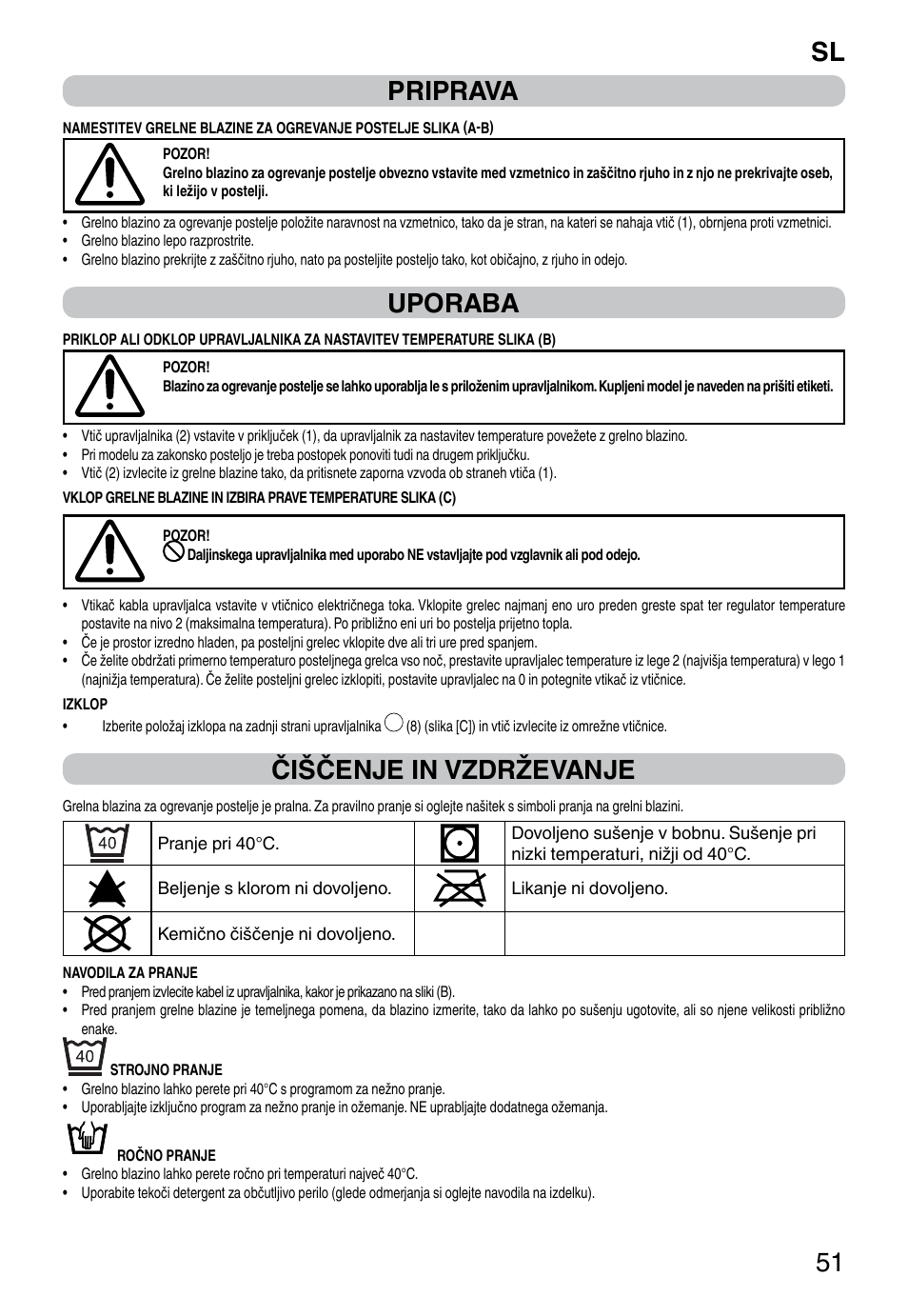 It 51 priprava, Uporaba, Čiščenje in vzdrževanje | Imetec RELAXY QUILTED DOUBLE DUAL User Manual | Page 53 / 56