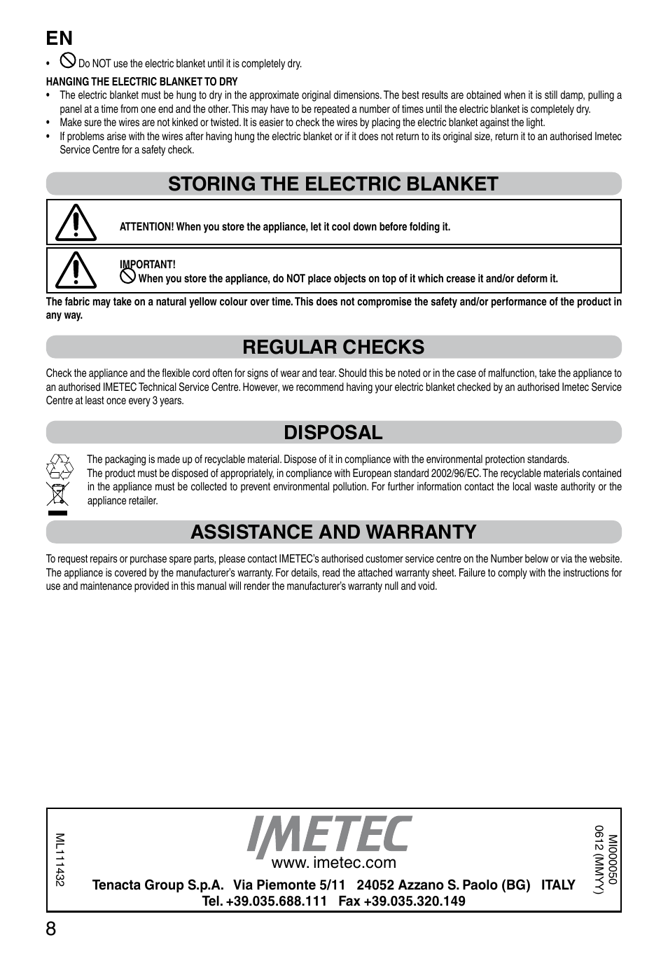 It 8, Storing the electric blanket, Regular checks | Disposal, Assistance and warranty | Imetec RELAXY INTELLISENSE QUILTED DOUBLE DUAL User Manual | Page 10 / 56