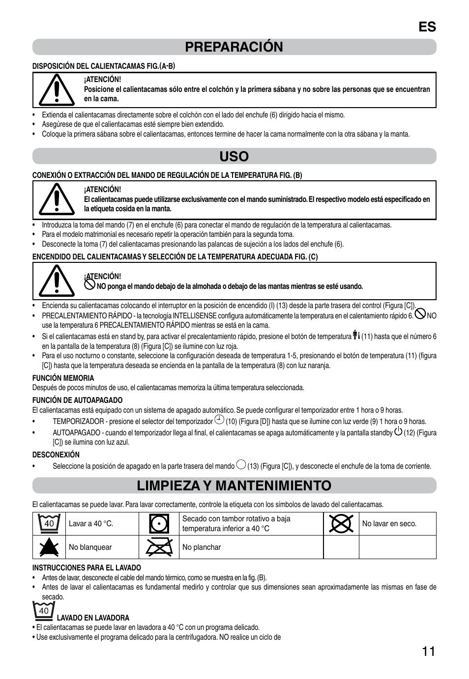 It 11 preparación, Limpieza y mantenimiento | Imetec RELAXY INTELLISENSE QUILTED DOUBLE DUAL User Manual | Page 13 / 56
