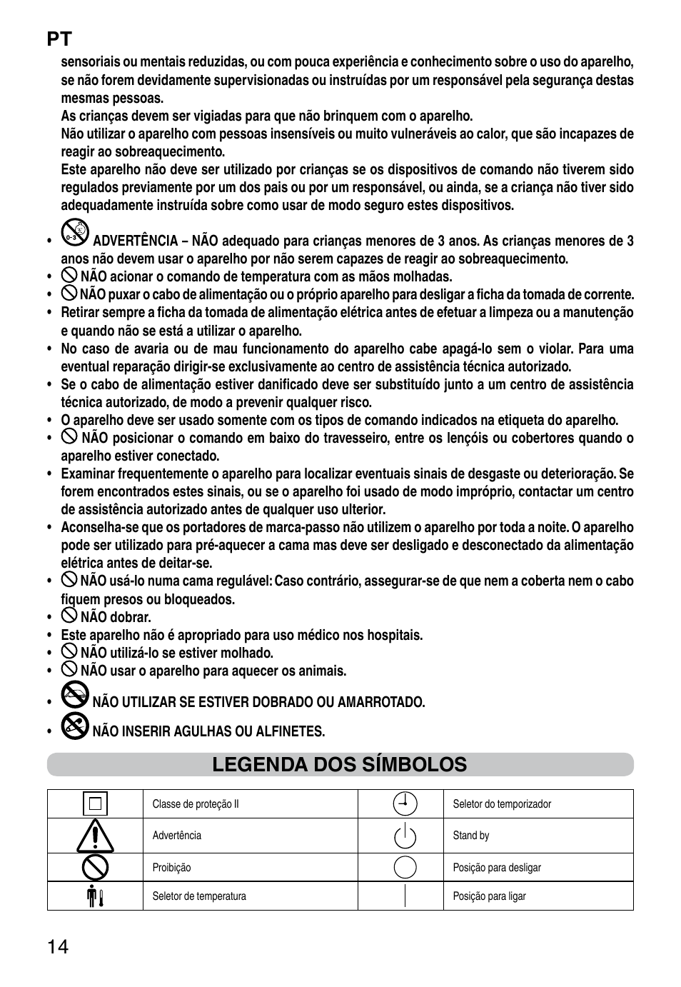 It 14, Legenda dos símbolos | Imetec RELAXY INTELLISENSE QUILTED DOUBLE DUAL User Manual | Page 16 / 56