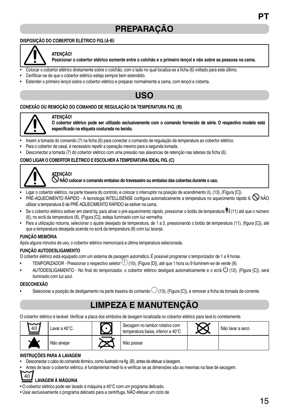 It 15 preparação, Limpeza e manutenção | Imetec RELAXY INTELLISENSE QUILTED DOUBLE DUAL User Manual | Page 17 / 56