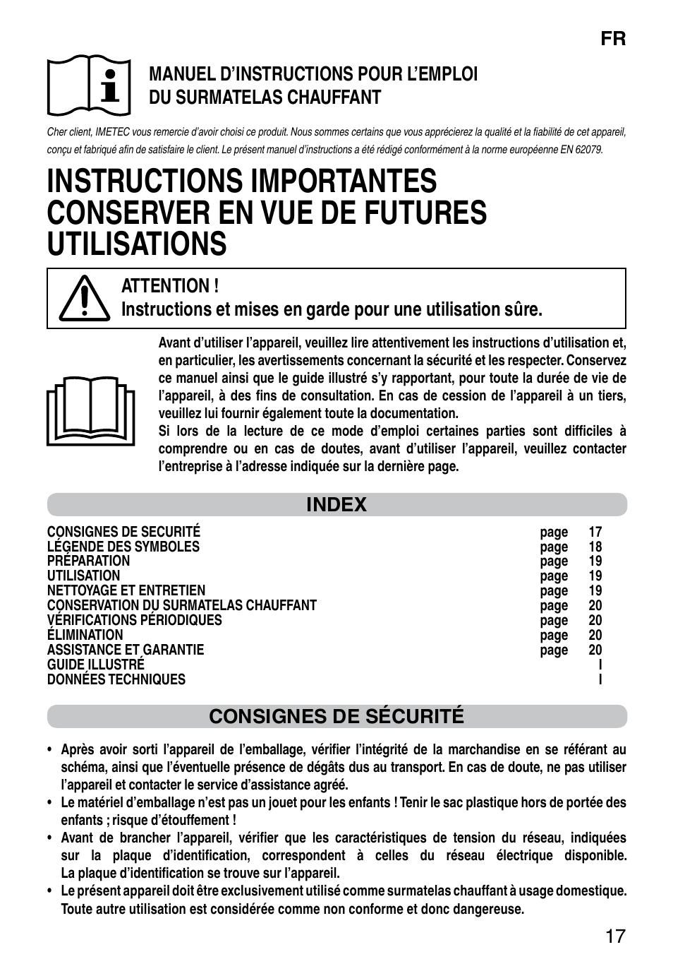 It 17, Index, Consignes de sécurité | Imetec RELAXY INTELLISENSE QUILTED DOUBLE DUAL User Manual | Page 19 / 56