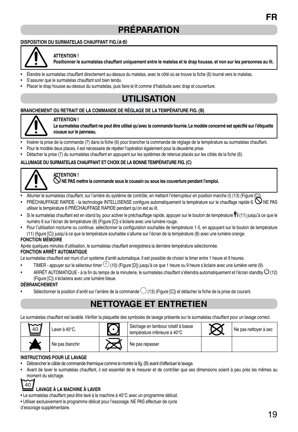 It 19 préparation, Utilisation, Nettoyage et entretien | Imetec RELAXY INTELLISENSE QUILTED DOUBLE DUAL User Manual | Page 21 / 56