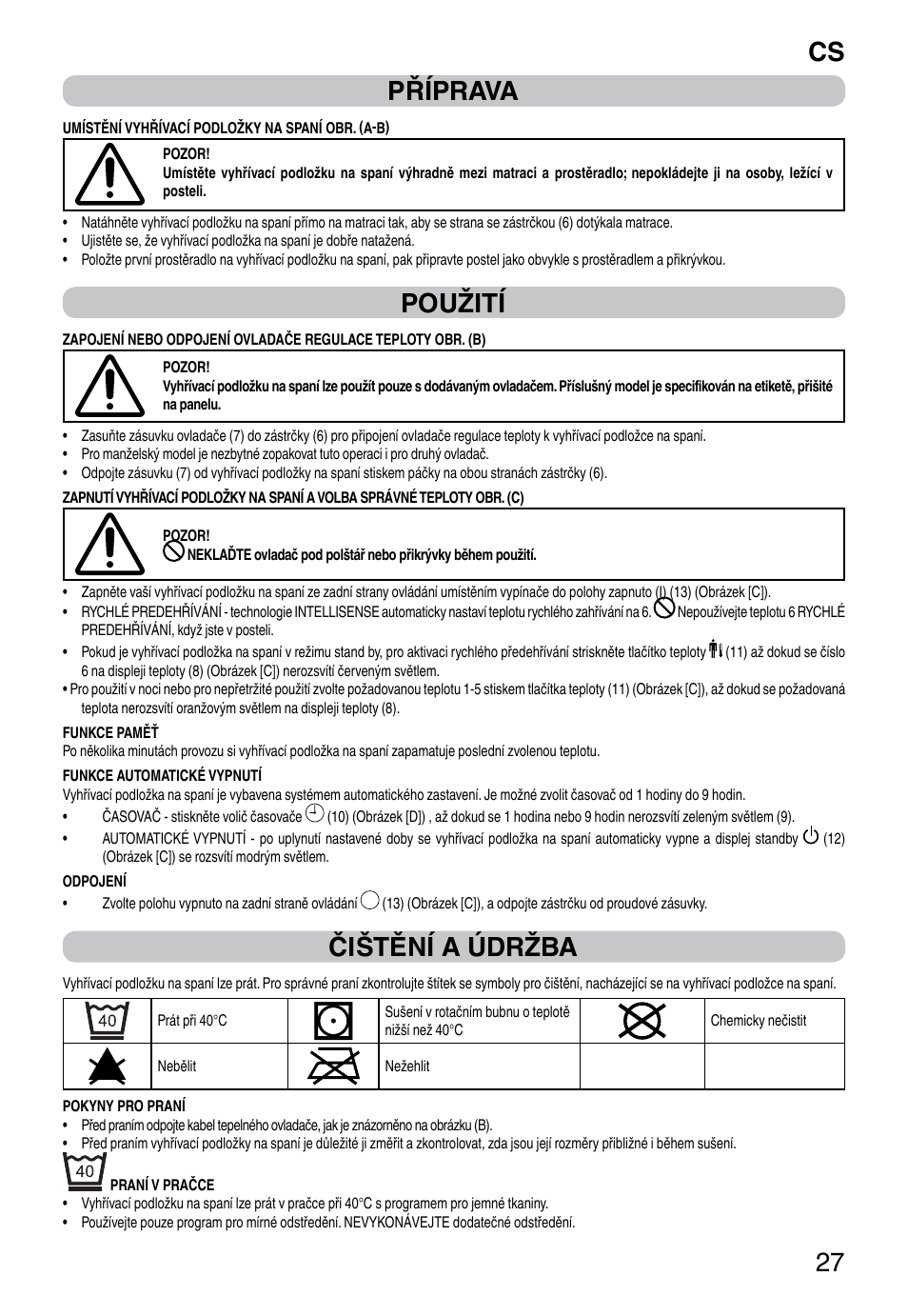 It 27 příprava, Použití, Čištění a údržba | Imetec RELAXY INTELLISENSE QUILTED DOUBLE DUAL User Manual | Page 29 / 56