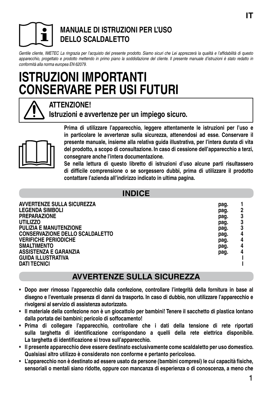 Istruzioni importanti conservare per usi futuri, It 1, Manuale di istruzioni per l’uso dello scaldaletto | Indice, Avvertenze sulla sicurezza | Imetec RELAXY INTELLISENSE QUILTED DOUBLE DUAL User Manual | Page 3 / 56