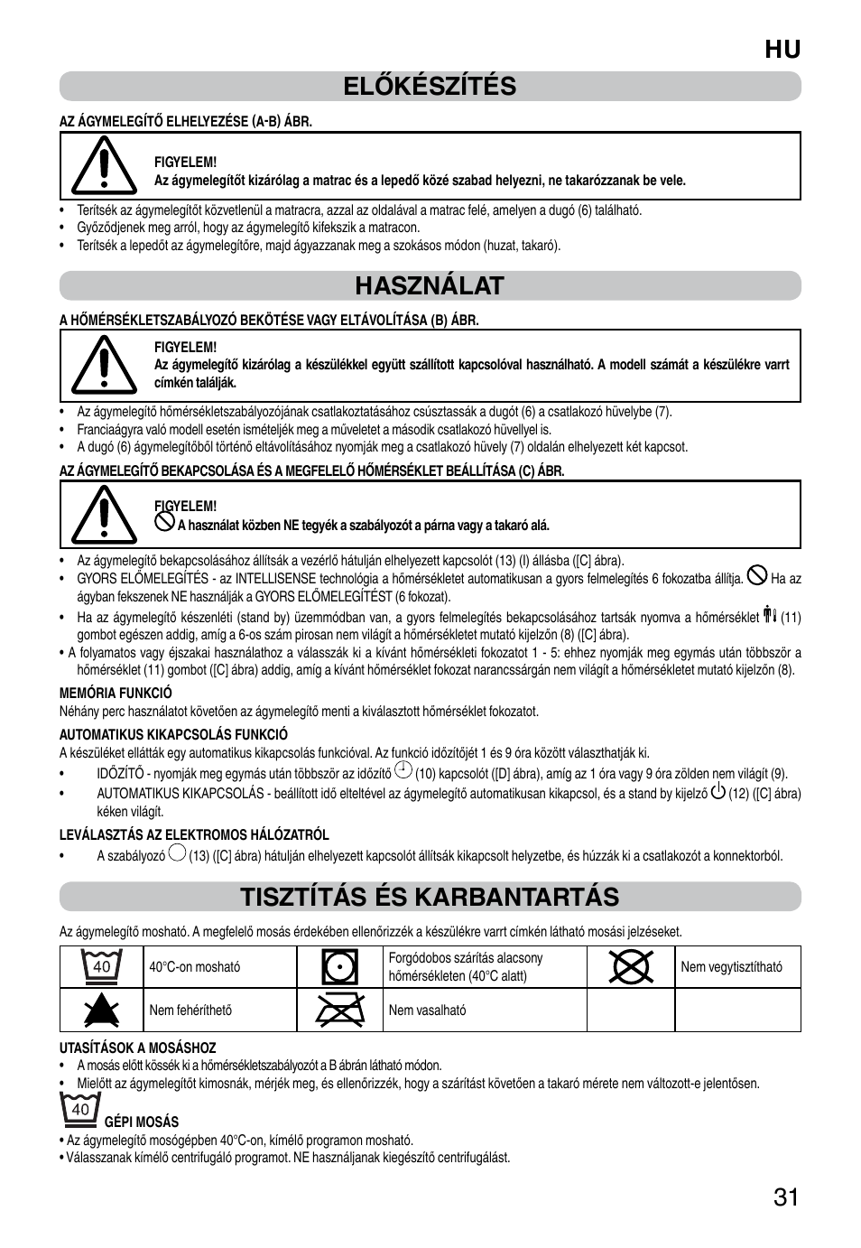 It 31 előkészítés, Használat, Tisztítás és karbantartás | Imetec RELAXY INTELLISENSE QUILTED DOUBLE DUAL User Manual | Page 33 / 56