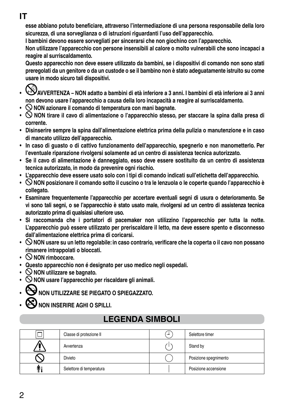 It 2, Legenda simboli | Imetec RELAXY INTELLISENSE QUILTED DOUBLE DUAL User Manual | Page 4 / 56