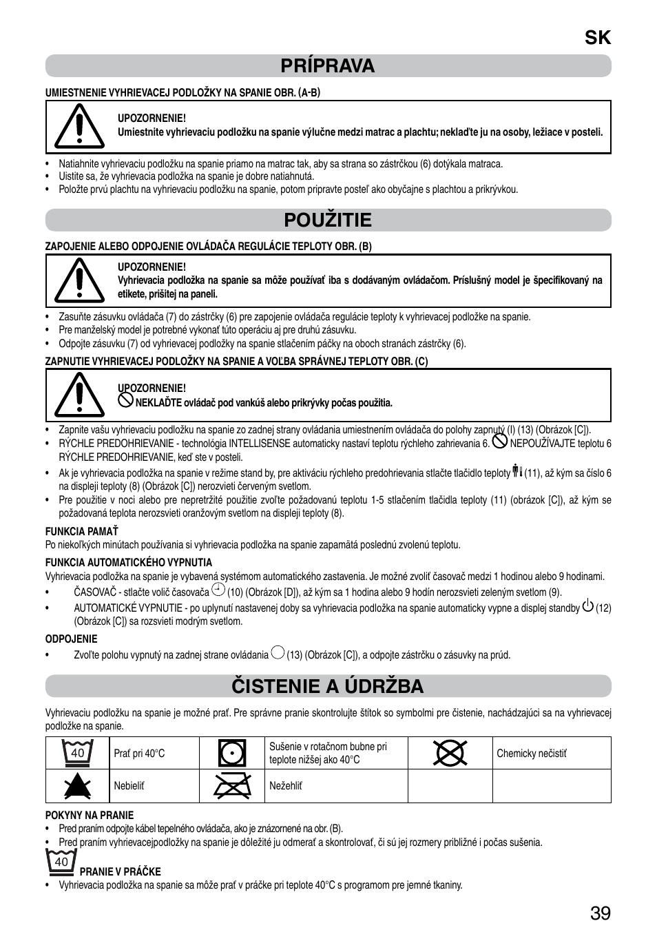 It 39 príprava, Použitie, Čistenie a údržba | Imetec RELAXY INTELLISENSE QUILTED DOUBLE DUAL User Manual | Page 41 / 56