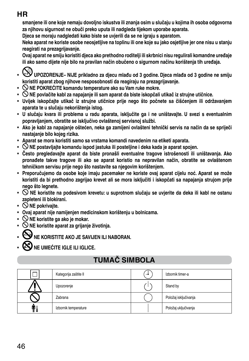 It 46, Tumač simbola | Imetec RELAXY INTELLISENSE QUILTED DOUBLE DUAL User Manual | Page 48 / 56