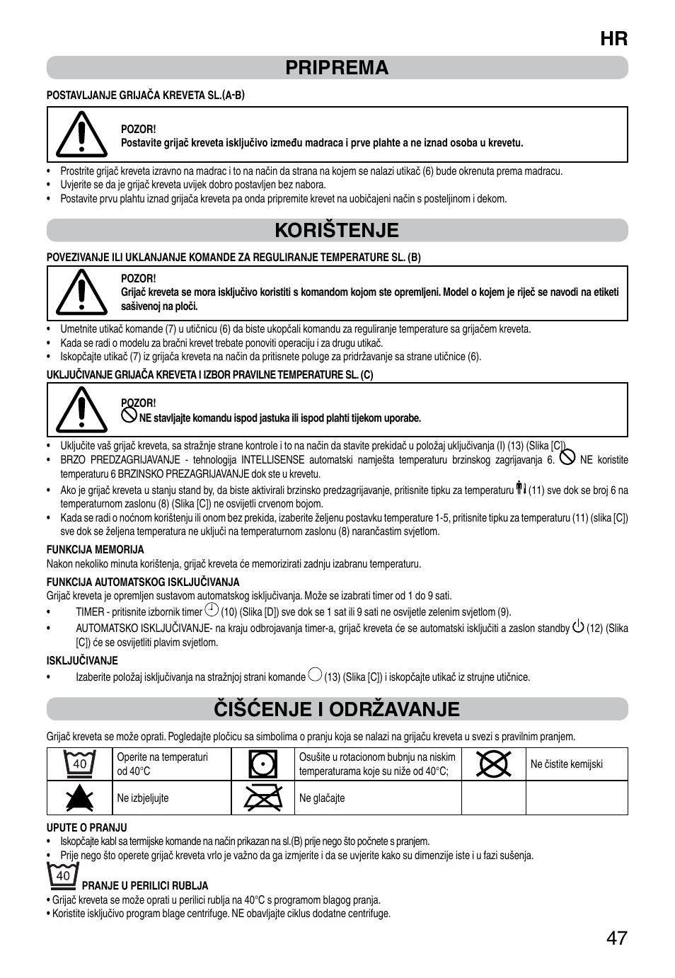 It 47 priprema, Korištenje, Čišćenje i održavanje | Imetec RELAXY INTELLISENSE QUILTED DOUBLE DUAL User Manual | Page 49 / 56