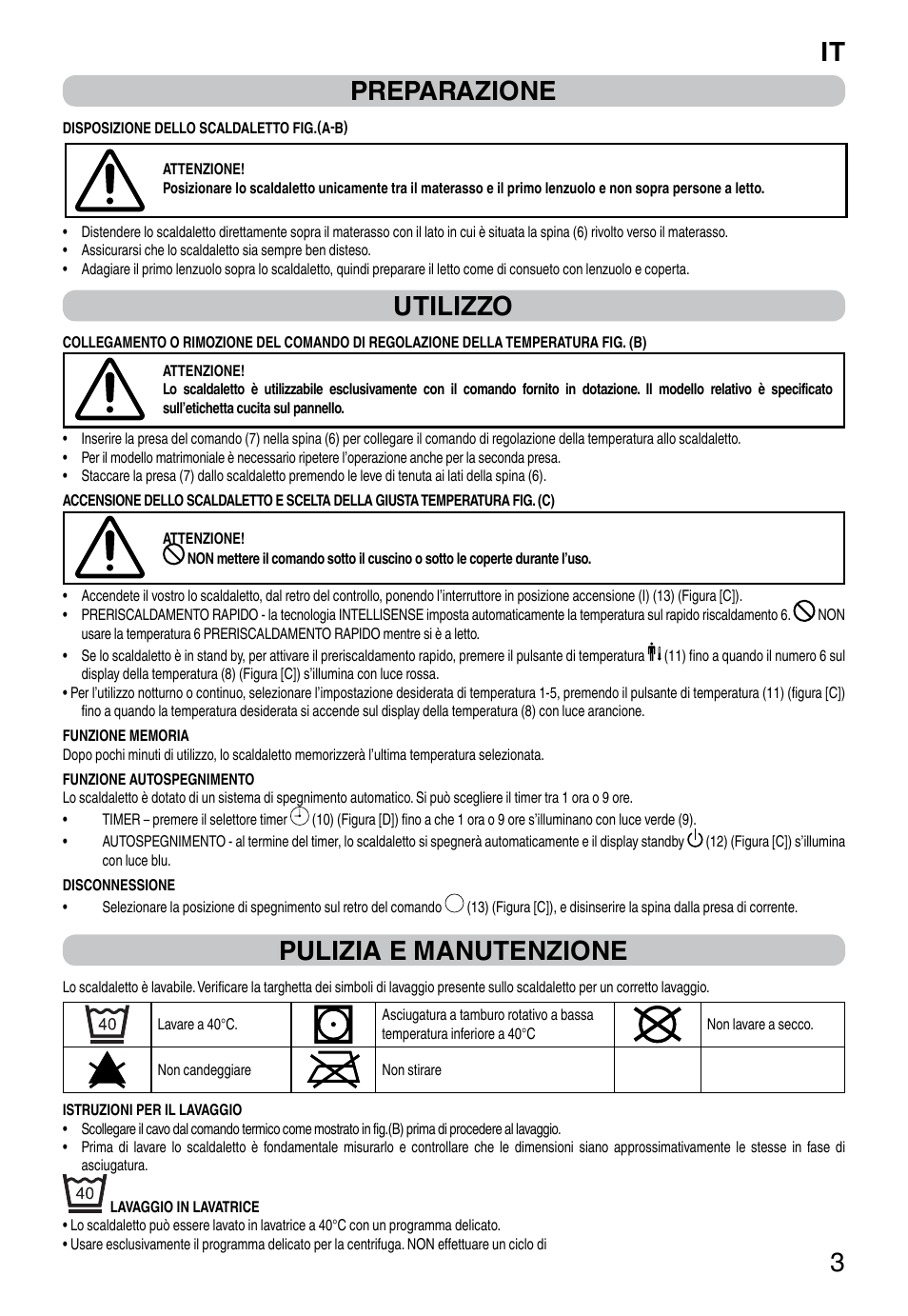 It 3 preparazione, Utilizzo, Pulizia e manutenzione | Imetec RELAXY INTELLISENSE QUILTED DOUBLE DUAL User Manual | Page 5 / 56