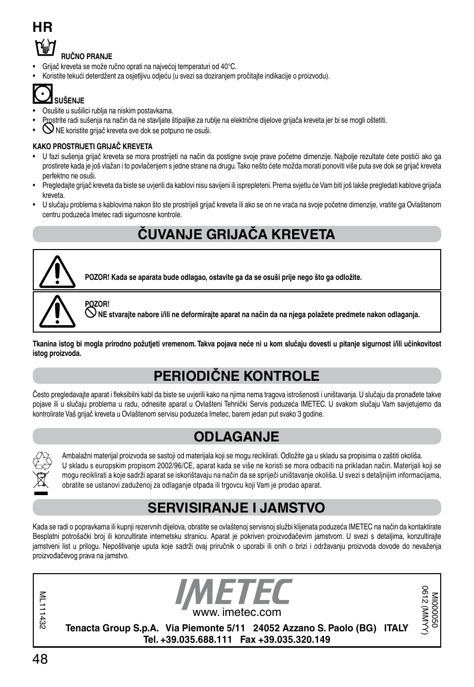 It 48, Čuvanje grijača kreveta, Periodične kontrole | Odlaganje, Servisiranje i jamstvo | Imetec RELAXY INTELLISENSE QUILTED DOUBLE DUAL User Manual | Page 50 / 56