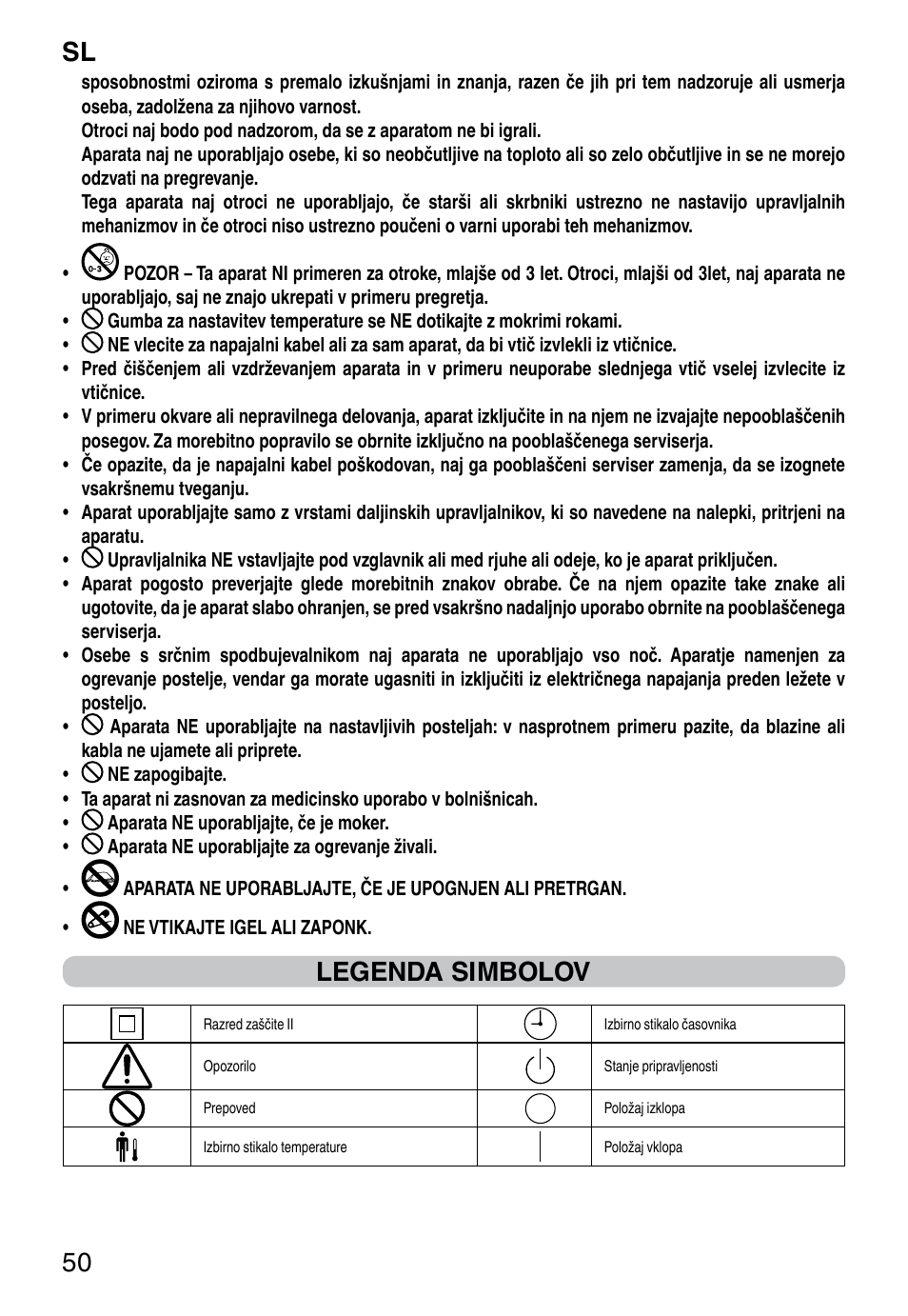 It 50, Legenda simbolov | Imetec RELAXY INTELLISENSE QUILTED DOUBLE DUAL User Manual | Page 52 / 56