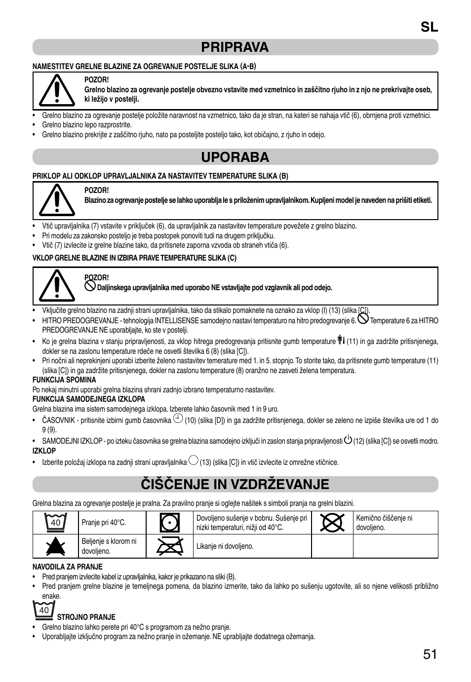 It 51 priprava, Uporaba, Čiščenje in vzdrževanje | Imetec RELAXY INTELLISENSE QUILTED DOUBLE DUAL User Manual | Page 53 / 56