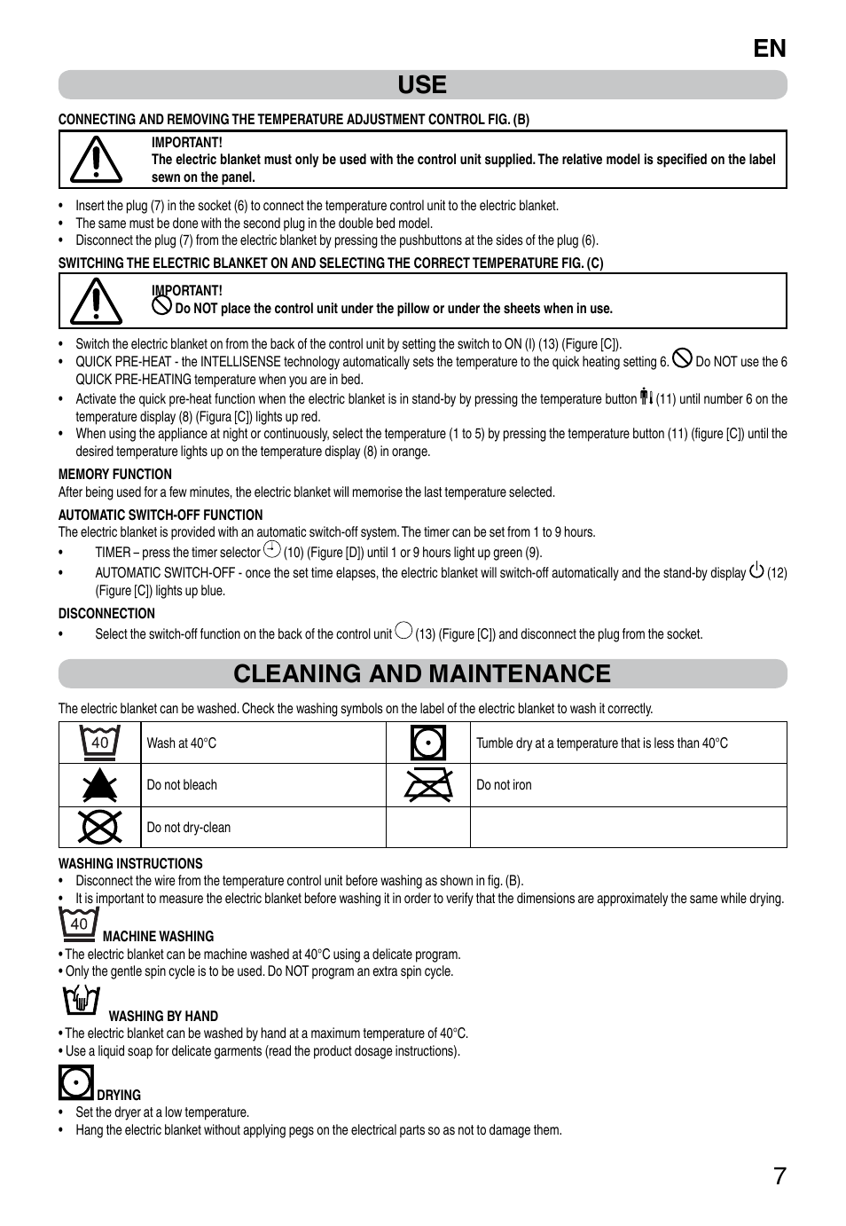 It 7 use, Cleaning and maintenance | Imetec RELAXY INTELLISENSE QUILTED DOUBLE DUAL User Manual | Page 9 / 56