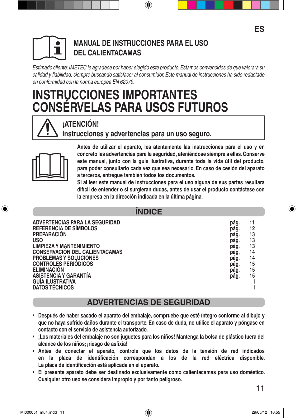 It 11, Índice, Advertencias de seguridad | Imetec RELAXY INTELLISENSE MATRESS COVER DOUBLE DUAL User Manual | Page 13 / 68