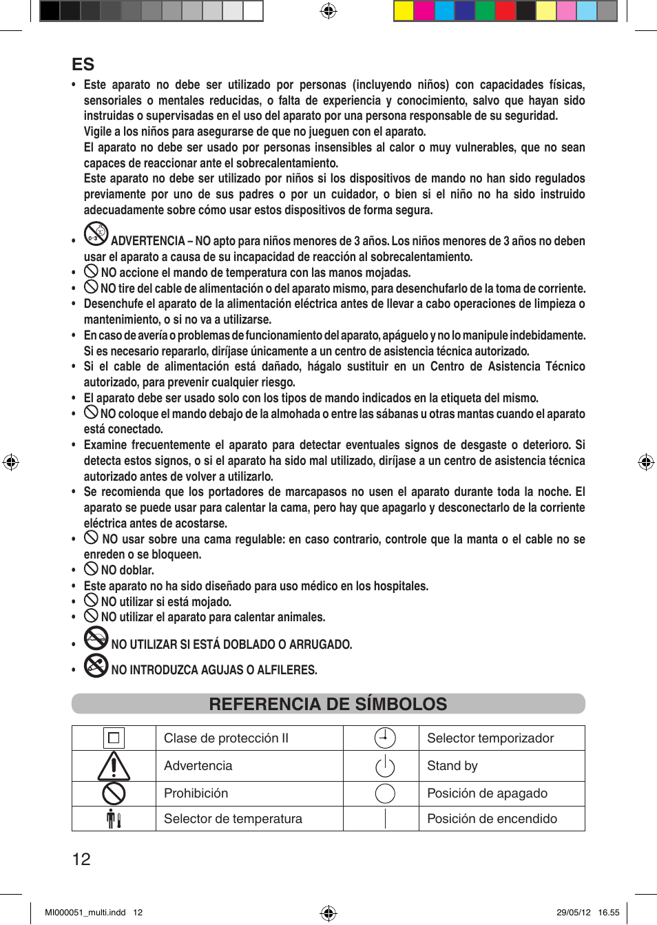 It 12, Referencia de símbolos | Imetec RELAXY INTELLISENSE MATRESS COVER DOUBLE DUAL User Manual | Page 14 / 68