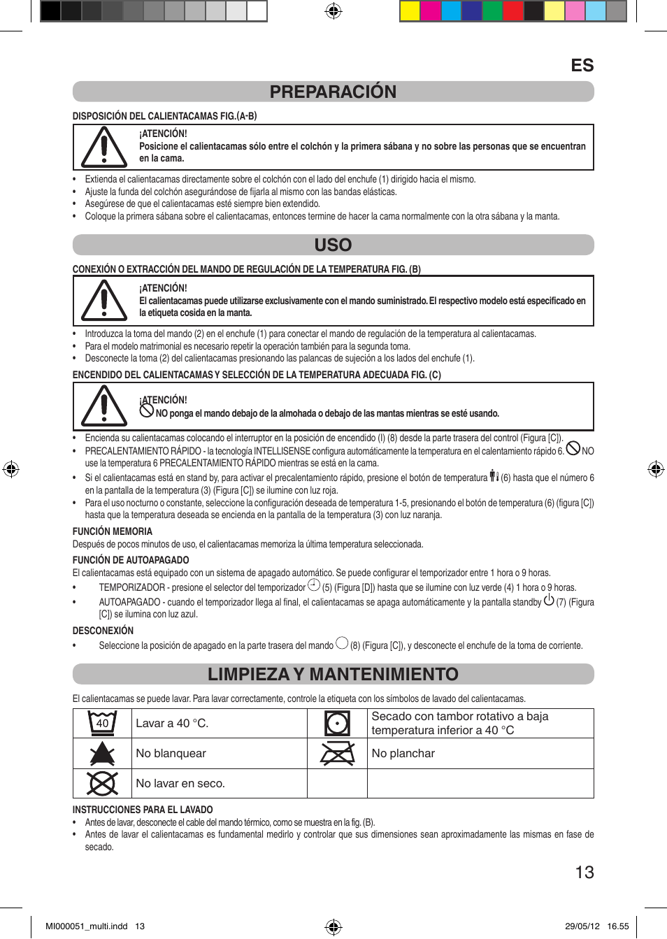 It 13 preparación, Limpieza y mantenimiento | Imetec RELAXY INTELLISENSE MATRESS COVER DOUBLE DUAL User Manual | Page 15 / 68