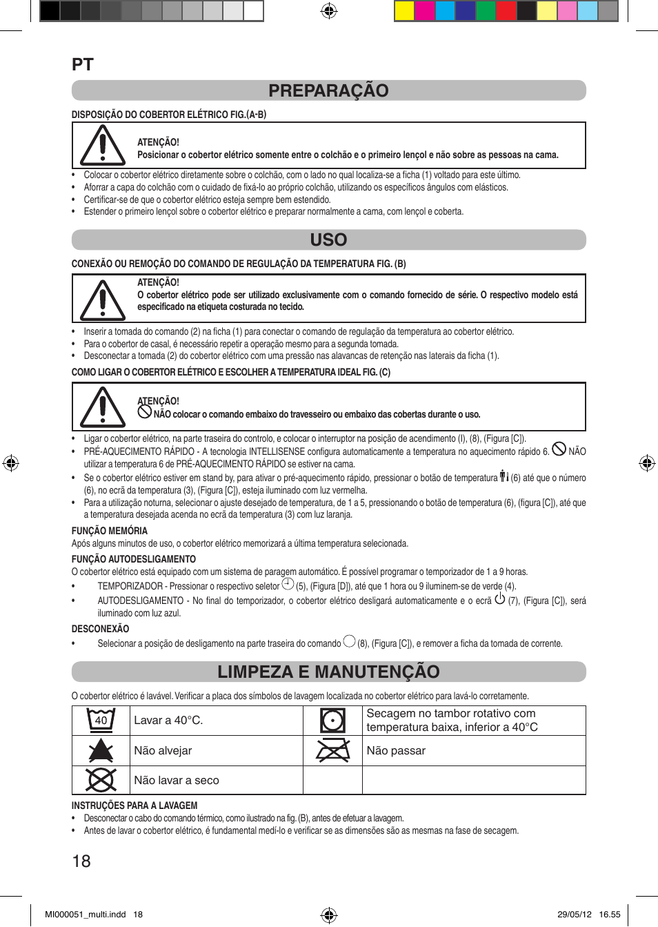 It 18 preparação, Limpeza e manutenção | Imetec RELAXY INTELLISENSE MATRESS COVER DOUBLE DUAL User Manual | Page 20 / 68