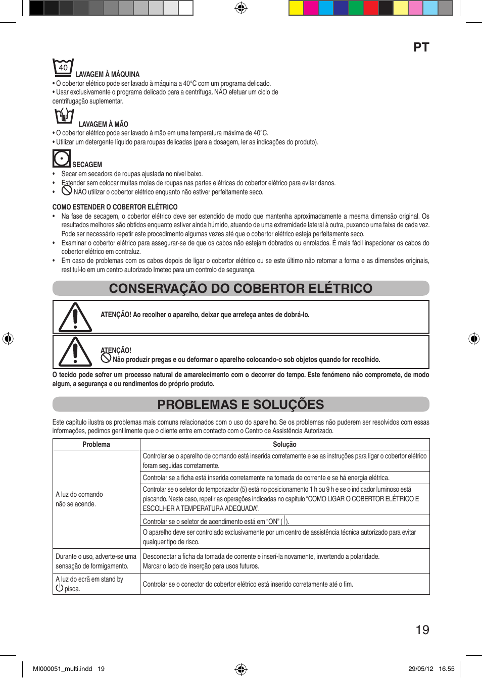 It 19, Conservação do cobertor elétrico, Problemas e soluções | Imetec RELAXY INTELLISENSE MATRESS COVER DOUBLE DUAL User Manual | Page 21 / 68