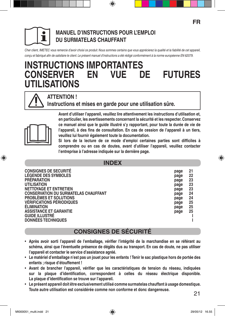 It 21, Index, Consignes de sécurité | Imetec RELAXY INTELLISENSE MATRESS COVER DOUBLE DUAL User Manual | Page 23 / 68