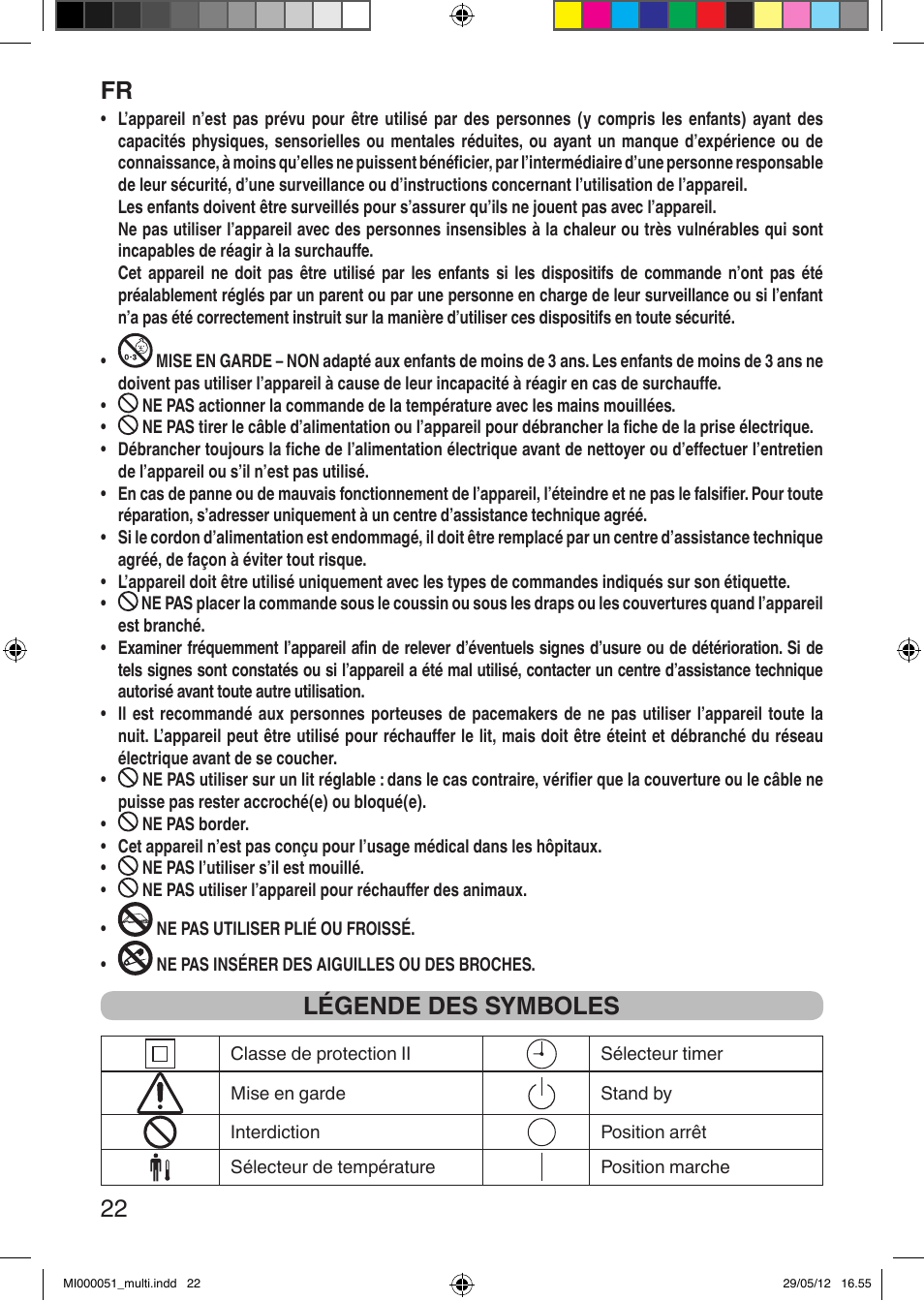 It 22, Légende des symboles | Imetec RELAXY INTELLISENSE MATRESS COVER DOUBLE DUAL User Manual | Page 24 / 68