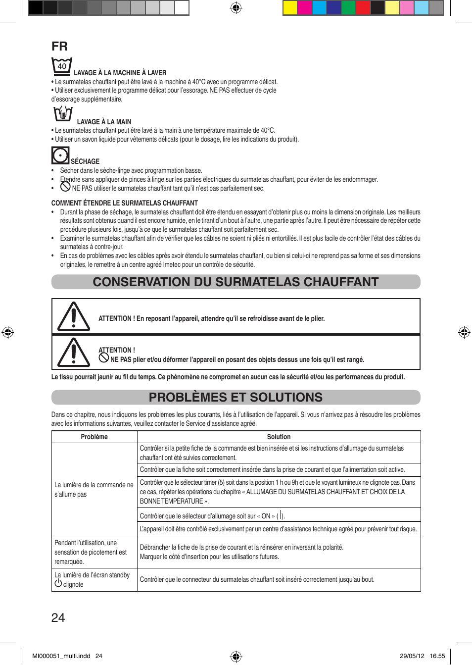 It 24, Conservation du surmatelas chauffant, Problèmes et solutions | Imetec RELAXY INTELLISENSE MATRESS COVER DOUBLE DUAL User Manual | Page 26 / 68