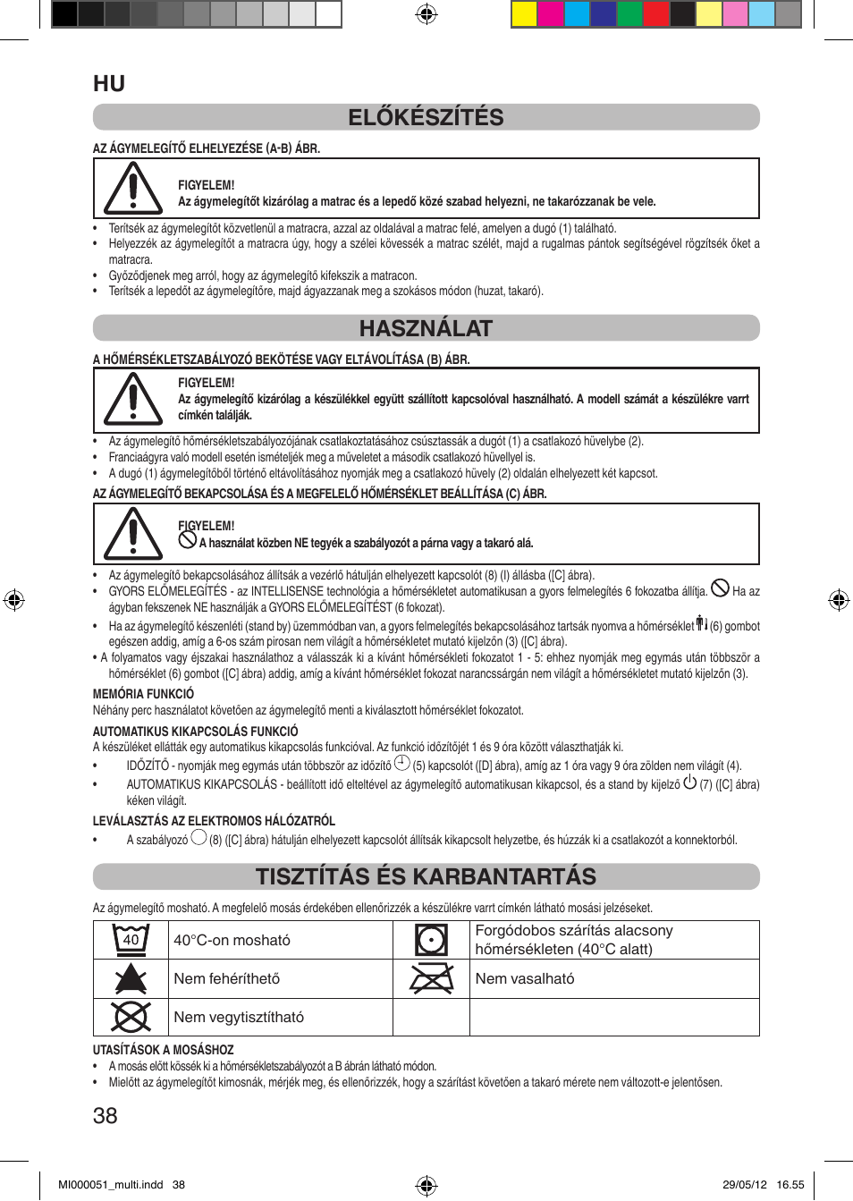 It 38 előkészítés, Használat, Tisztítás és karbantartás | Imetec RELAXY INTELLISENSE MATRESS COVER DOUBLE DUAL User Manual | Page 40 / 68