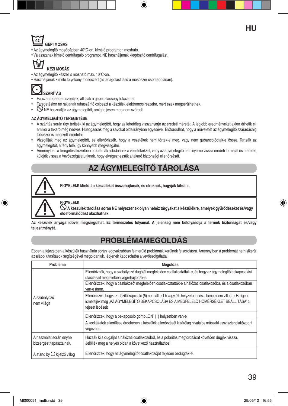 It 39, Az ágymelegítő tárolása, Problémamegoldás | Imetec RELAXY INTELLISENSE MATRESS COVER DOUBLE DUAL User Manual | Page 41 / 68