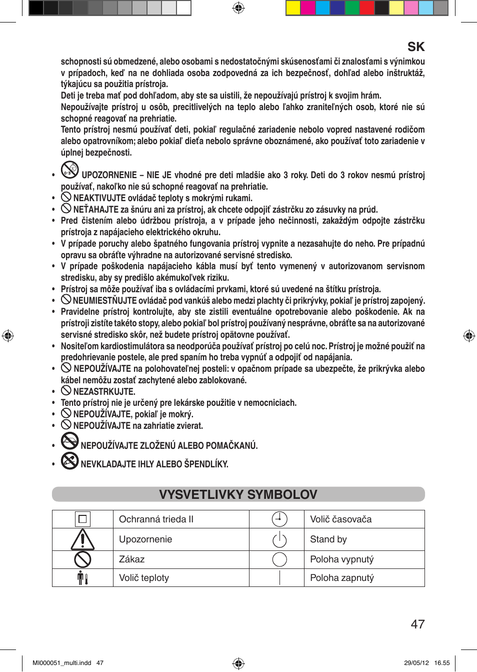 It 47, Vysvetlivky symbolov | Imetec RELAXY INTELLISENSE MATRESS COVER DOUBLE DUAL User Manual | Page 49 / 68