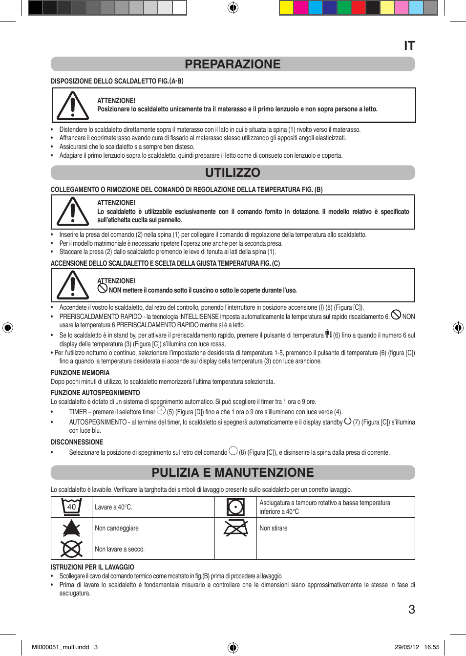 It 3 preparazione, Utilizzo, Pulizia e manutenzione | Imetec RELAXY INTELLISENSE MATRESS COVER DOUBLE DUAL User Manual | Page 5 / 68