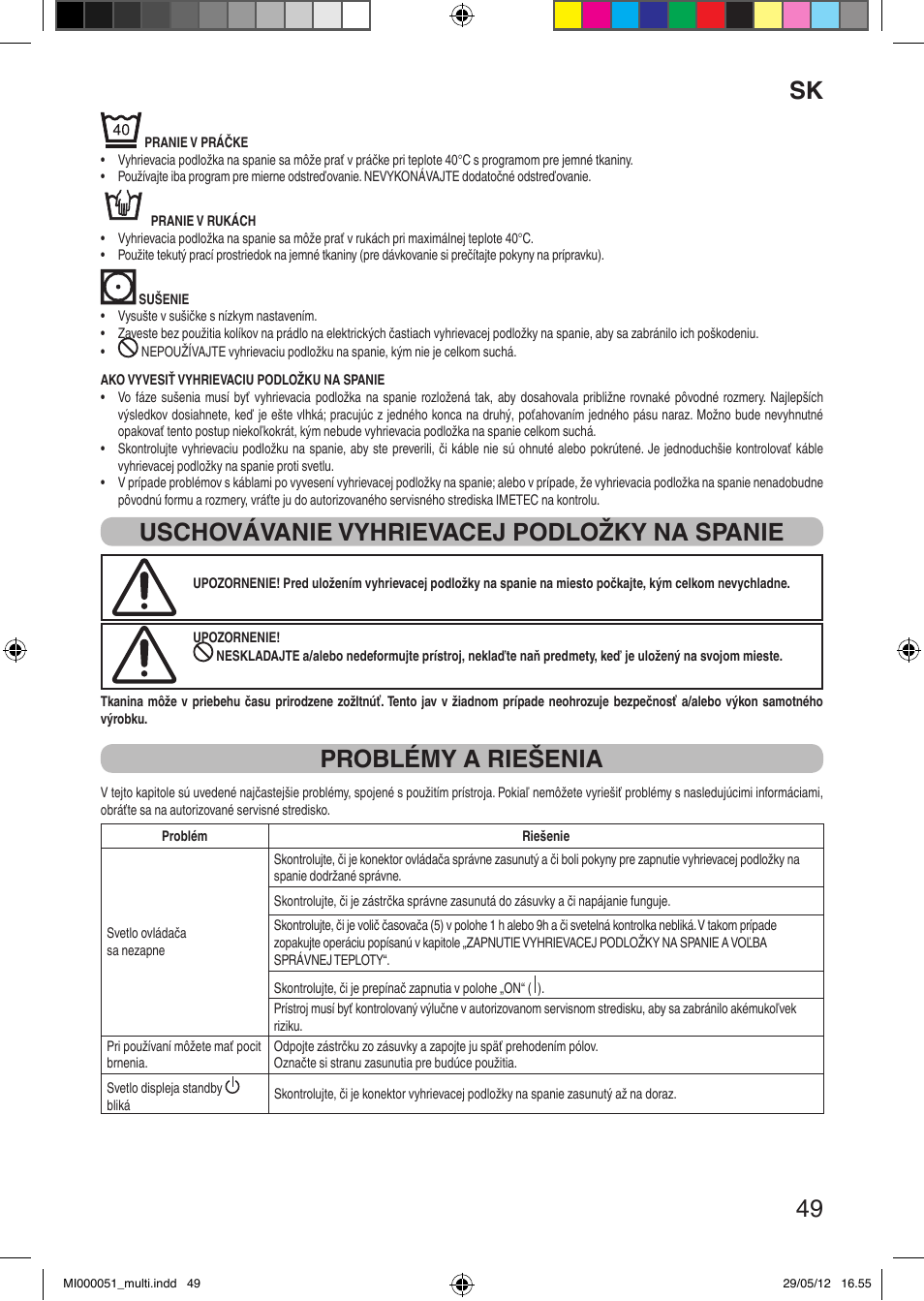 It 49, Uschovávanie vyhrievacej podložky na spanie, Problémy a riešenia | Imetec RELAXY INTELLISENSE MATRESS COVER DOUBLE DUAL User Manual | Page 51 / 68