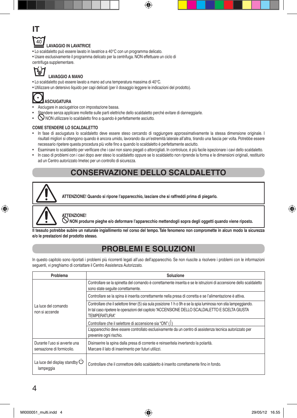 It 4, Conservazione dello scaldaletto, Problemi e soluzioni | Imetec RELAXY INTELLISENSE MATRESS COVER DOUBLE DUAL User Manual | Page 6 / 68