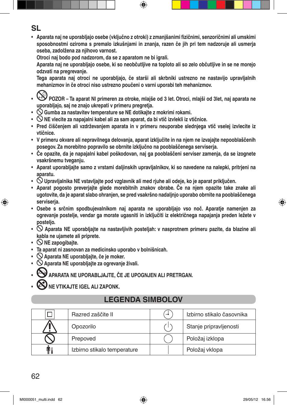 It 62, Legenda simbolov | Imetec RELAXY INTELLISENSE MATRESS COVER DOUBLE DUAL User Manual | Page 64 / 68