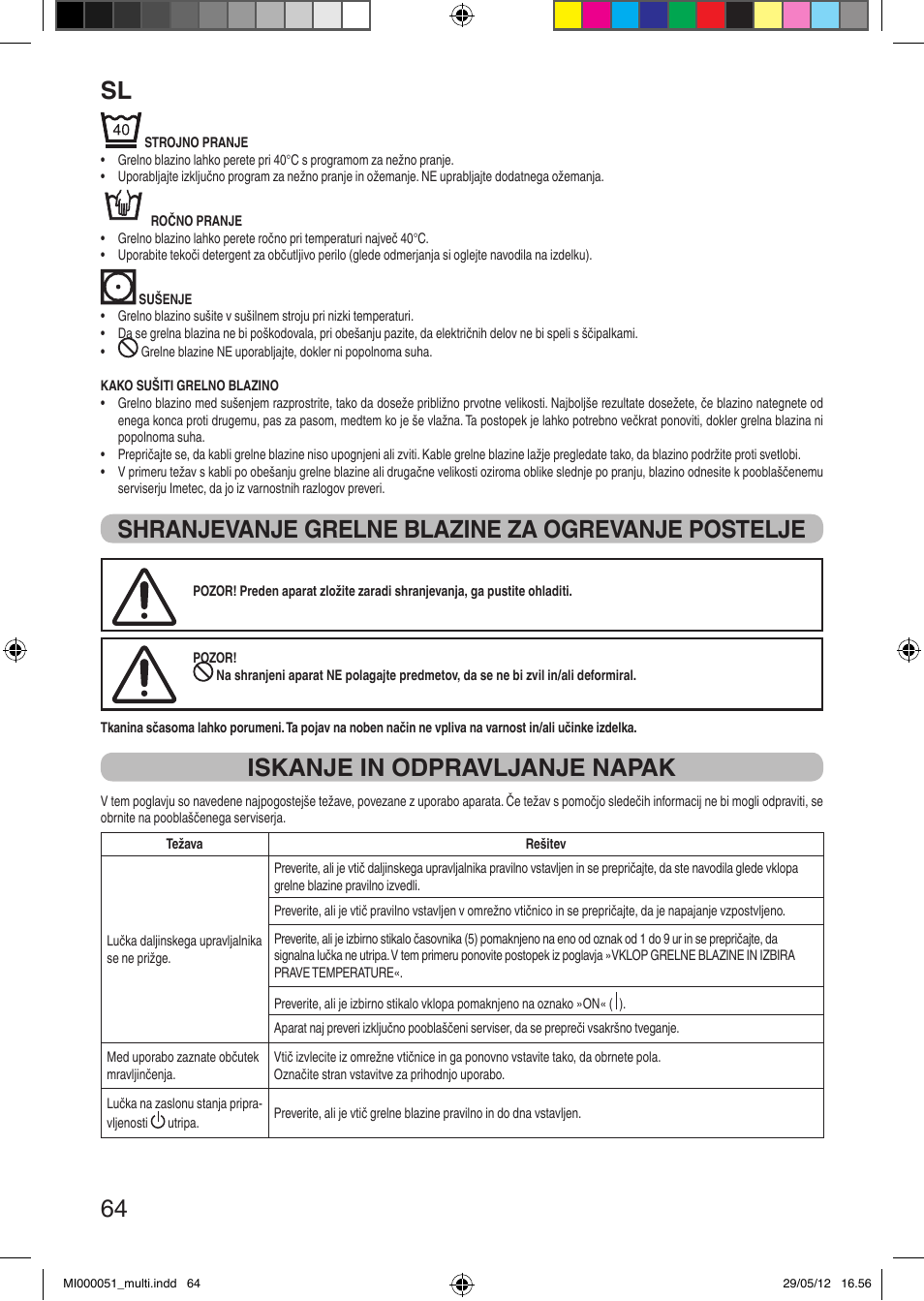 It 64, Shranjevanje grelne blazine za ogrevanje postelje, Iskanje in odpravljanje napak | Imetec RELAXY INTELLISENSE MATRESS COVER DOUBLE DUAL User Manual | Page 66 / 68