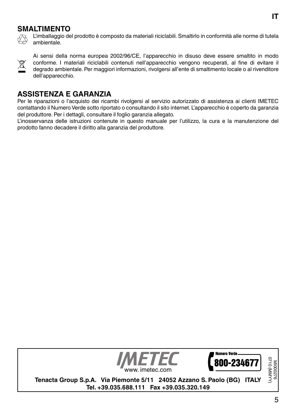 It 5 smaltimento, Assistenza e garanzia | Imetec SENSUIJ SM2-200 User Manual | Page 10 / 54