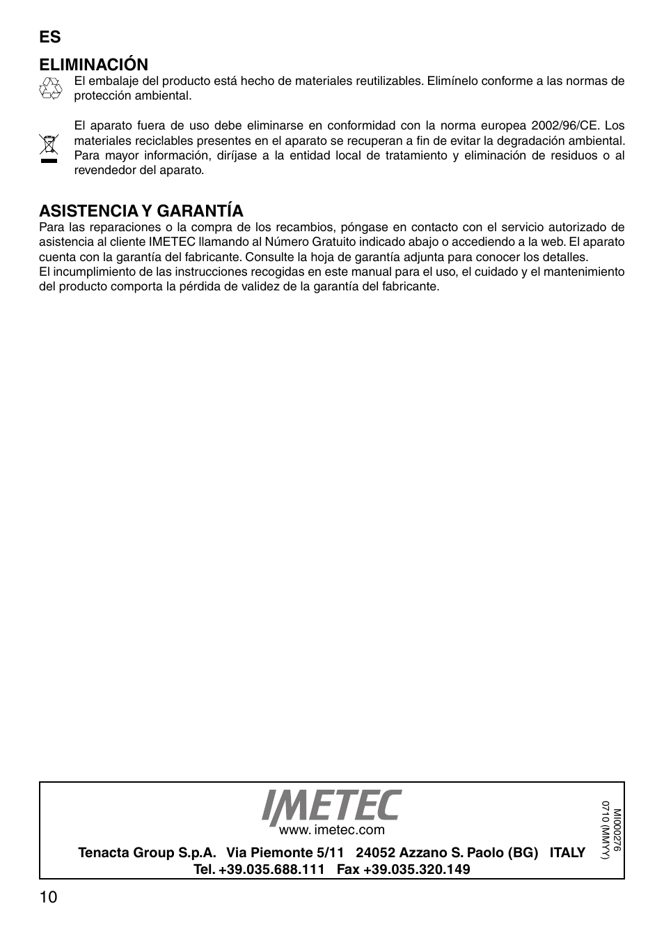 10 es eliminación, Asistencia y garantía | Imetec SENSUIJ SM2-200 User Manual | Page 15 / 54