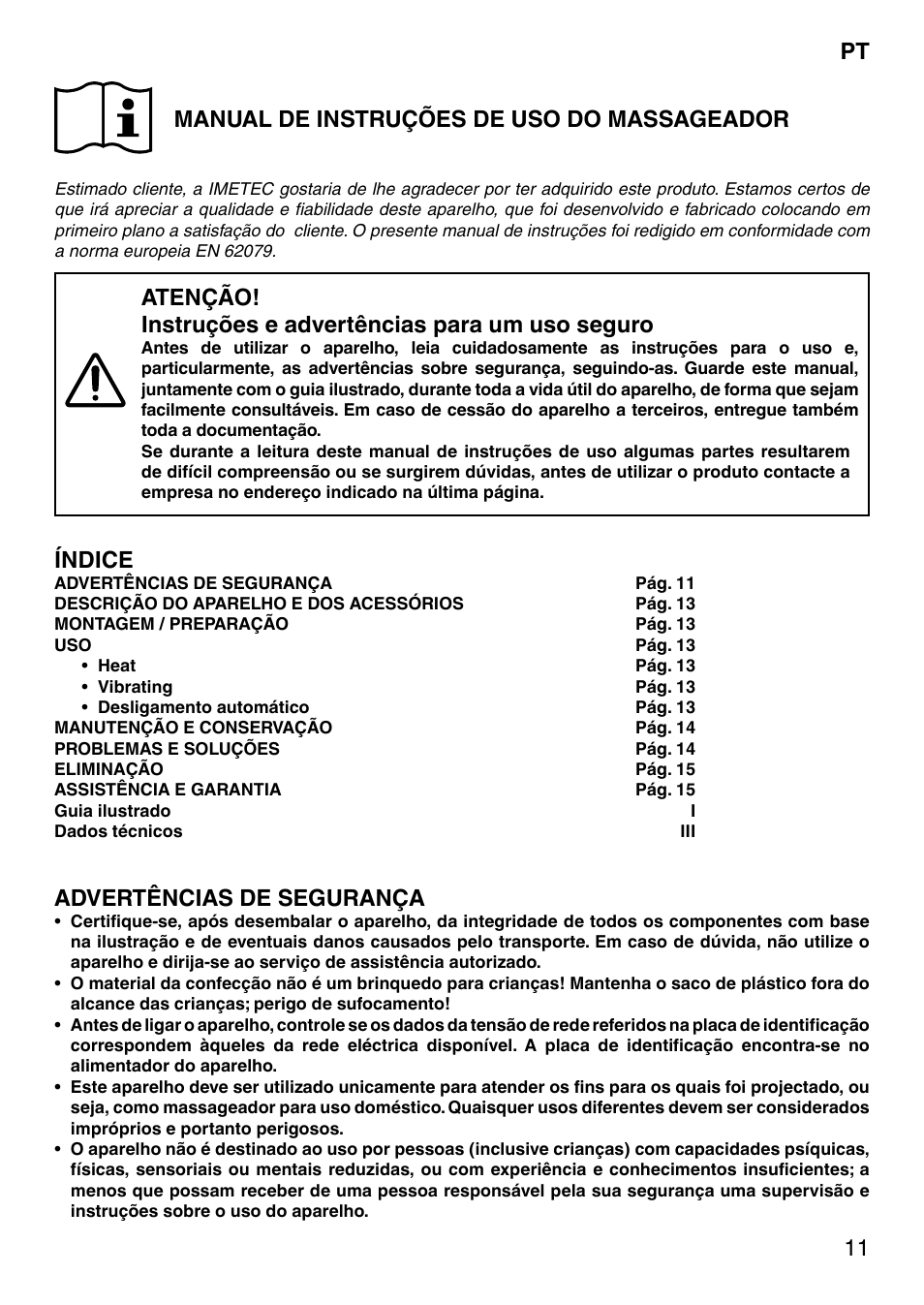 11 pt manual de instruções de uso do massageador, Índice, Advertências de segurança | Imetec SENSUIJ SM2-200 User Manual | Page 16 / 54