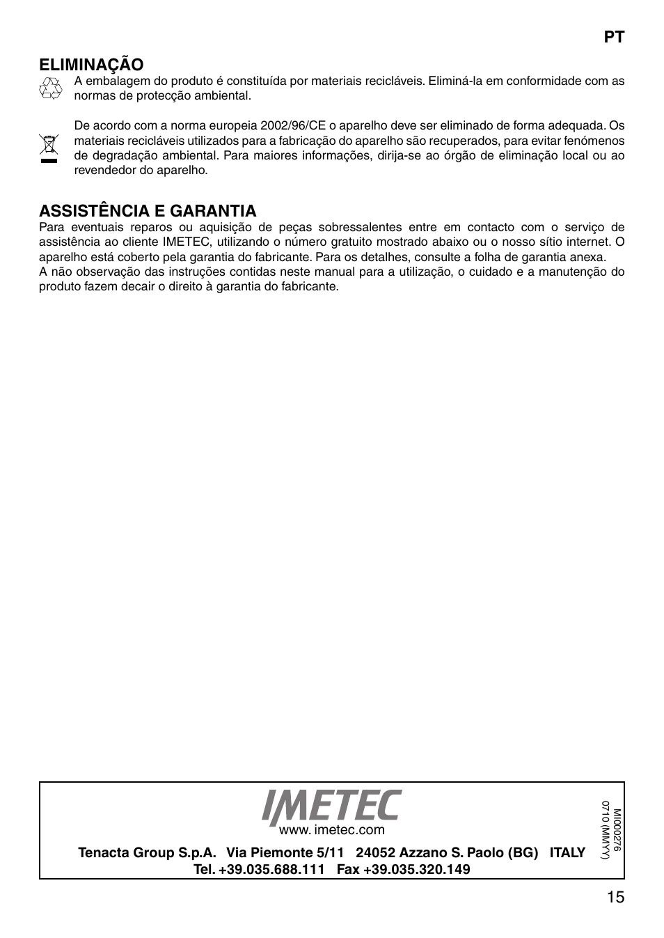 15 pt eliminação, Assistência e garantia | Imetec SENSUIJ SM2-200 User Manual | Page 20 / 54