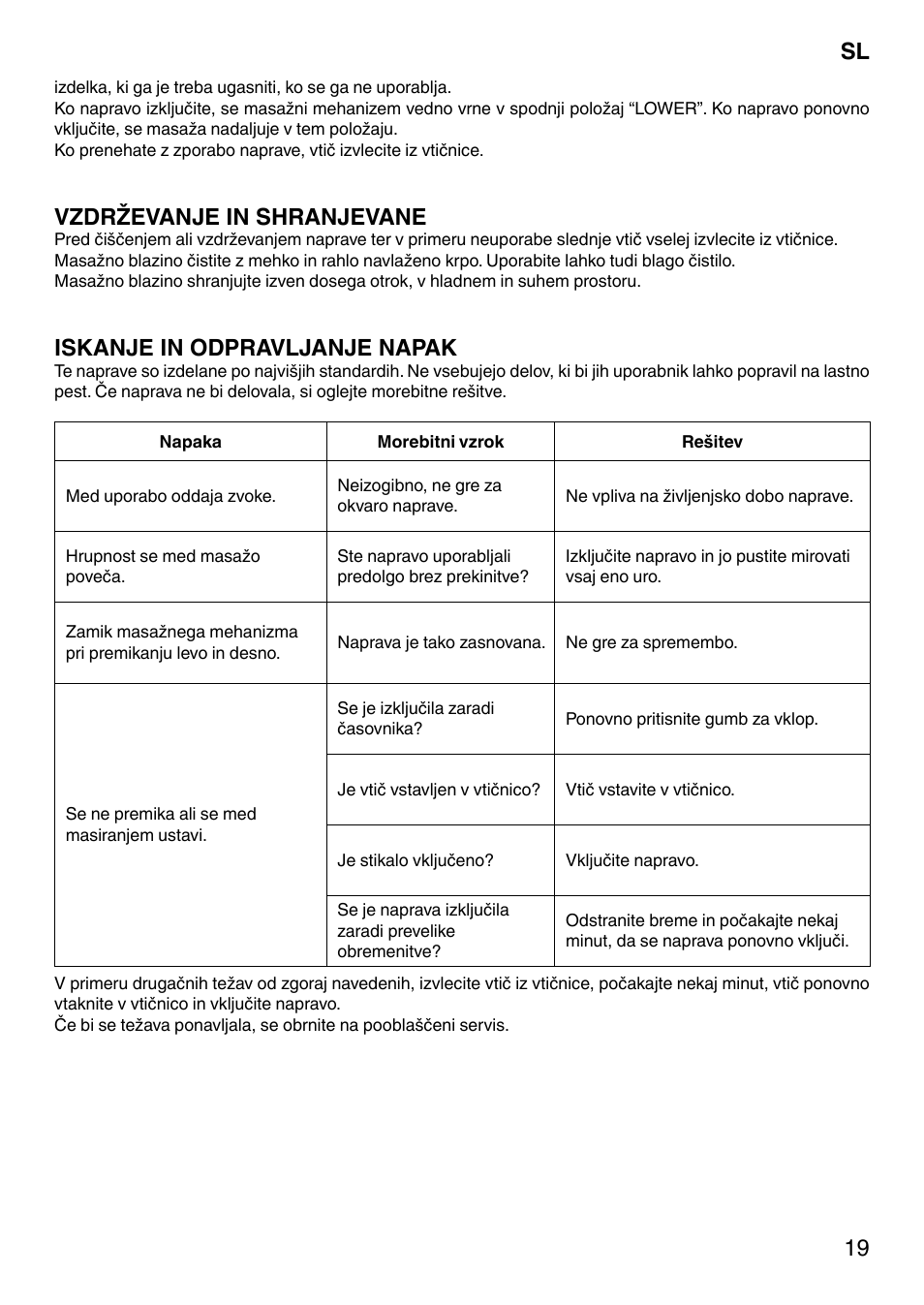 Vzdrževanje in shranjevane, Iskanje in odpravljanje napak | Imetec SENSUIJ SM2-200 User Manual | Page 24 / 54
