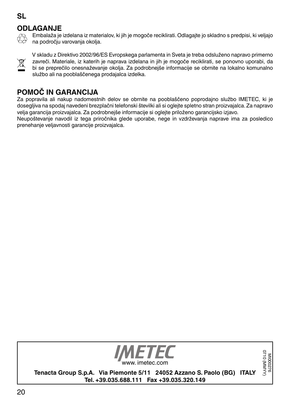 20 odlaganje, Pomoč in garancija | Imetec SENSUIJ SM2-200 User Manual | Page 25 / 54