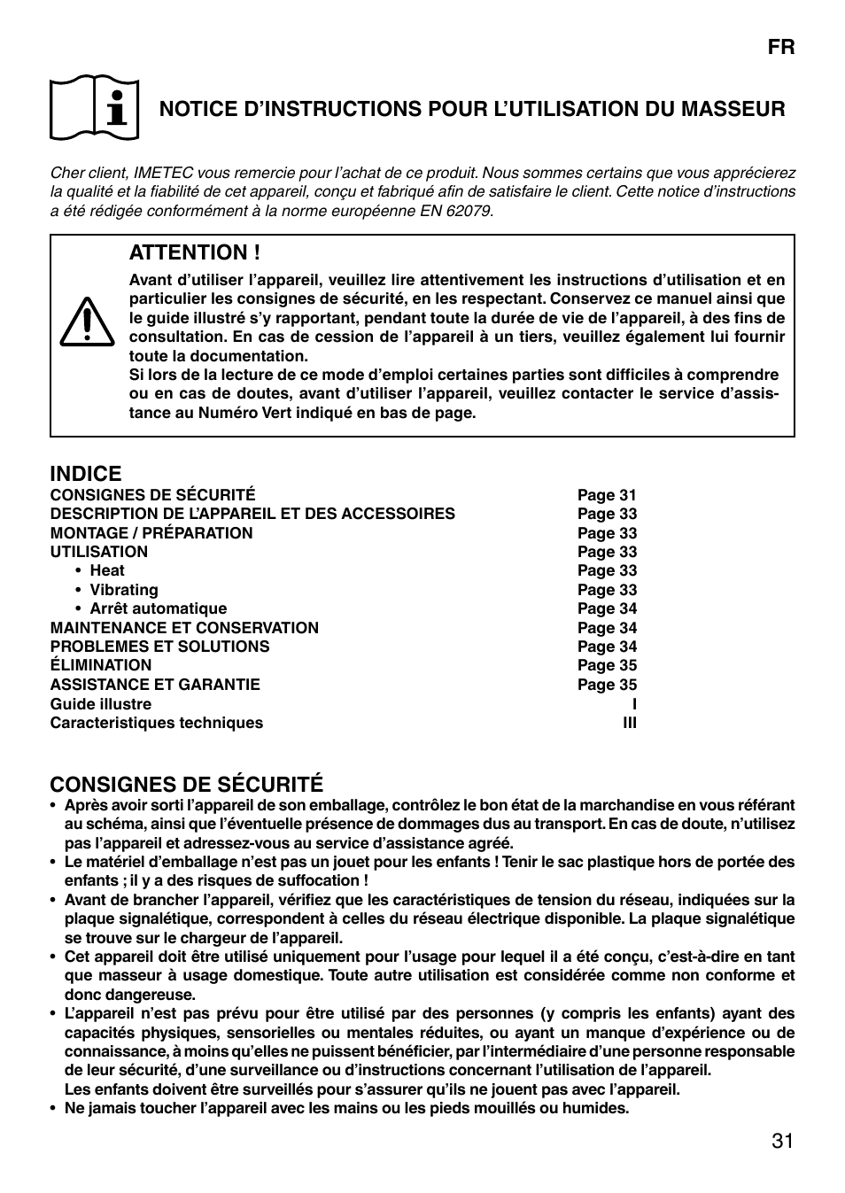 Attention, Indice, Consignes de sécurité | Imetec SENSUIJ SM2-200 User Manual | Page 36 / 54