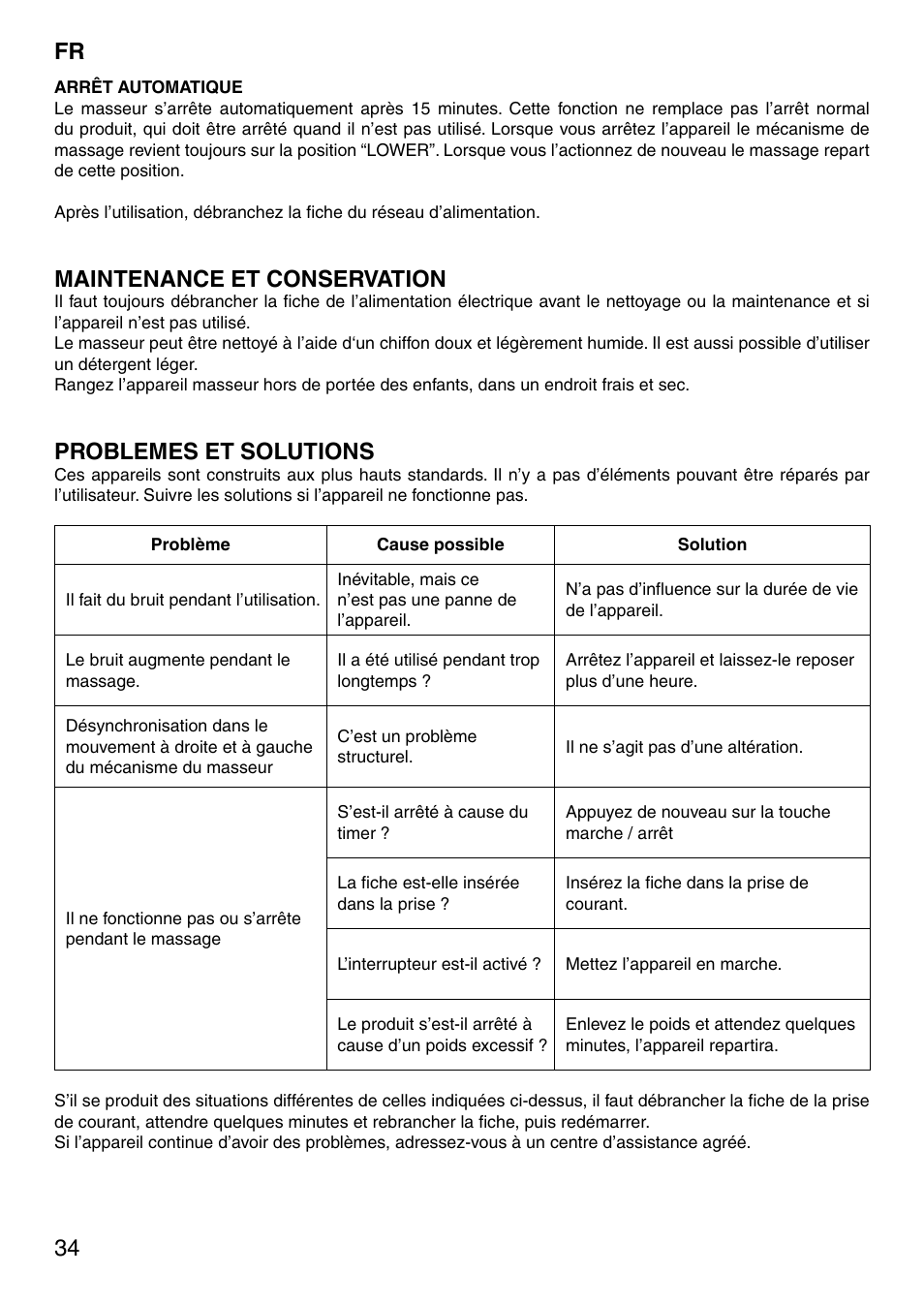 Maintenance et conservation, Problemes et solutions | Imetec SENSUIJ SM2-200 User Manual | Page 39 / 54