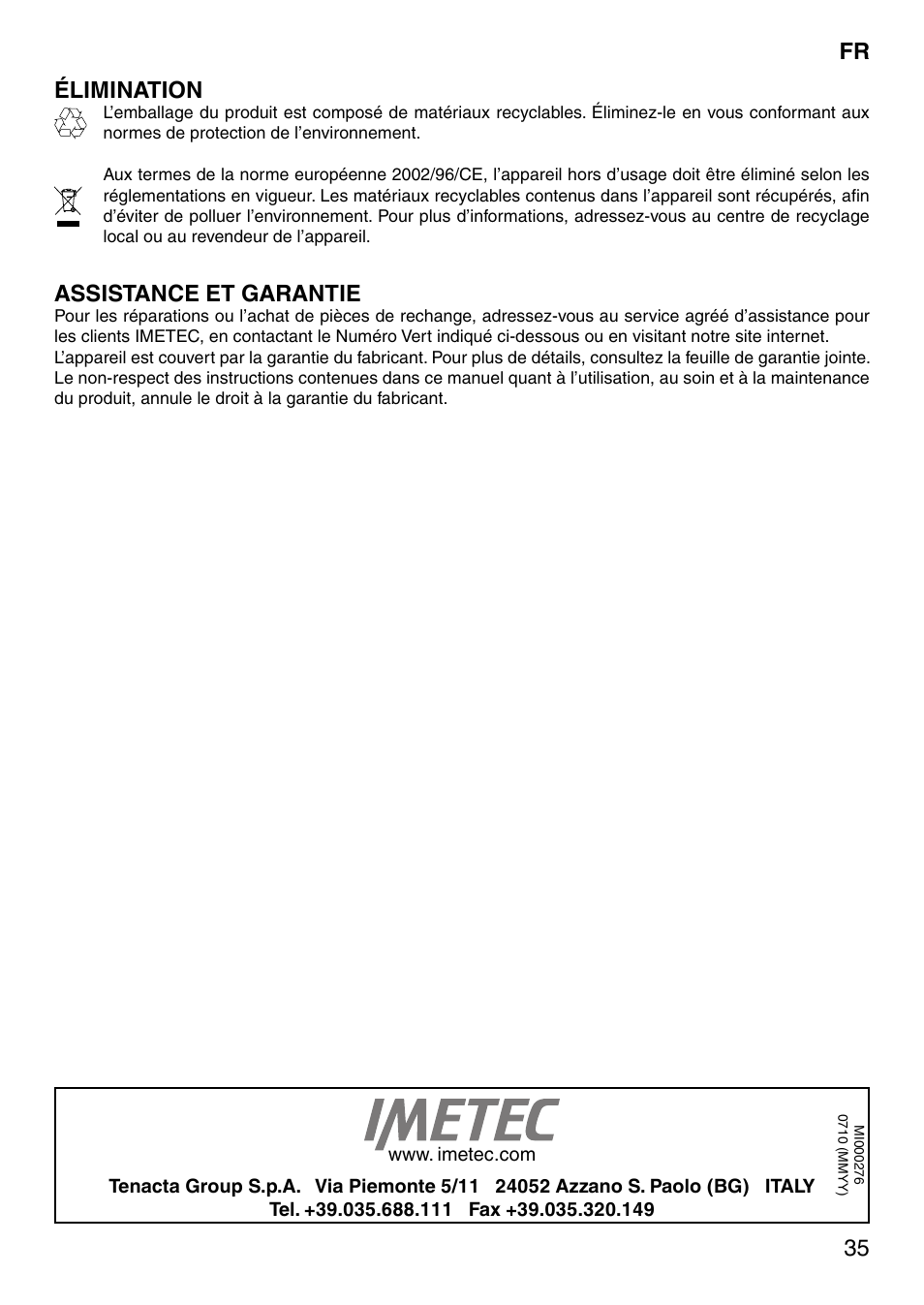35 élimination, Assistance et garantie | Imetec SENSUIJ SM2-200 User Manual | Page 40 / 54