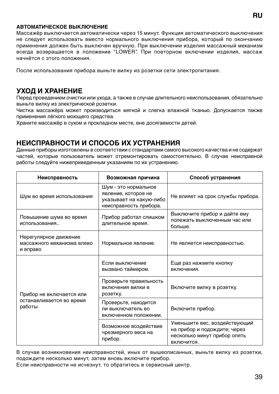 Уход и хранение, Неисправности и способ их устранения | Imetec SENSUIJ SM2-200 User Manual | Page 44 / 54