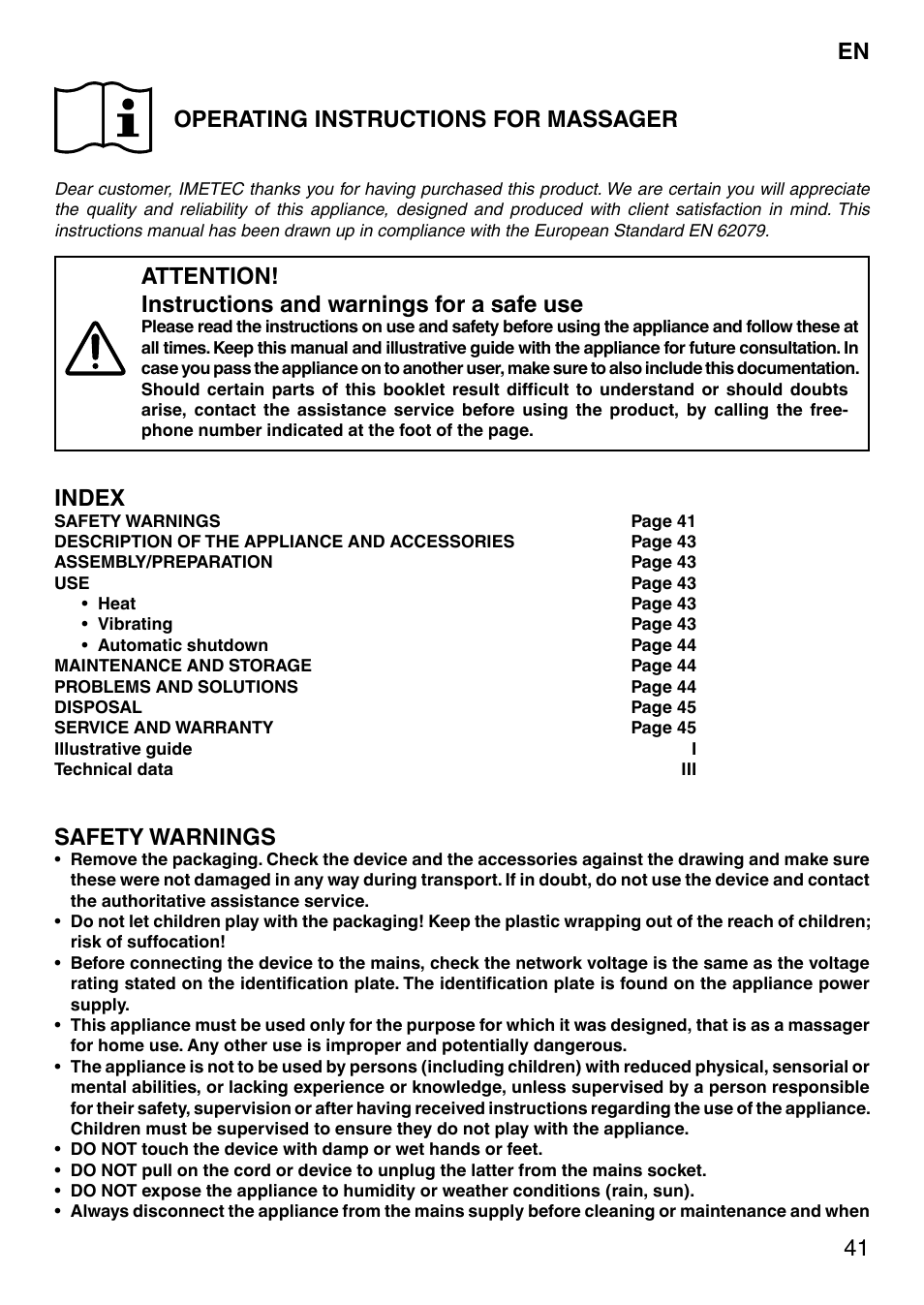 41 operating instructions for massager, Index, Safety warnings | Imetec SENSUIJ SM2-200 User Manual | Page 46 / 54
